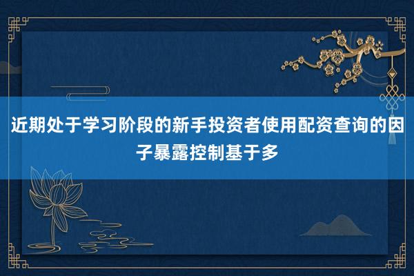 近期处于学习阶段的新手投资者使用配资查询的因子暴露控制基于多
